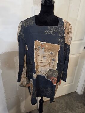 Art Portrait Print Long Sleeve Tunic Top Boho Festival Navy & Beige Long Sleeve